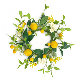 Candle holder wreath with faux lemon and pom pom
