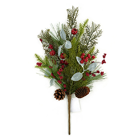 Pine needles pine cones red berries bush