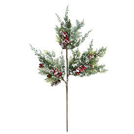 Snow red pine cones spray
