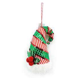 Red and green striped santa hat hanging decoration