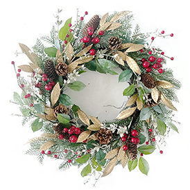 Pinecone gold leaf red pearl wreath